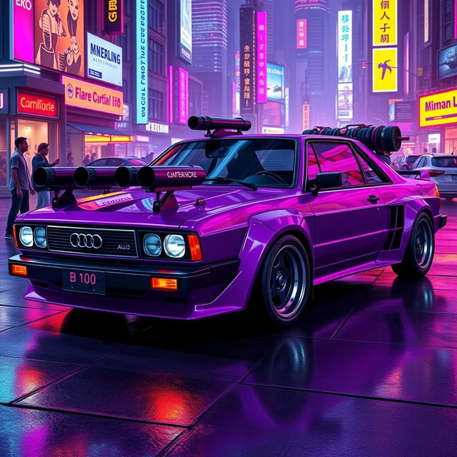 A sleek, neon purple 1982 Audi 100, showcasing its aerodynamic design, embedded with lightweight, high-tech alloy armor for a futuristic look