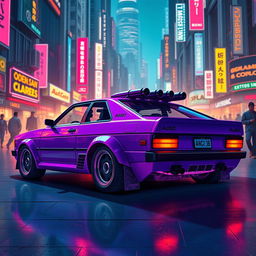 A sleek, neon purple 1982 Audi 100, showcasing its aerodynamic design, embedded with lightweight, high-tech alloy armor for a futuristic look