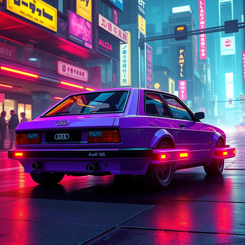 A sleek, neon purple 1982 Audi 100, showcasing its aerodynamic design, embedded with lightweight, high-tech alloy armor for a futuristic look