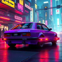 A sleek, neon purple 1982 Audi 100, showcasing its aerodynamic design, embedded with lightweight, high-tech alloy armor for a futuristic look