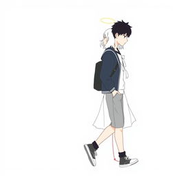 A male high schooler with black hair walking slightly downwards, wearing a casual school uniform