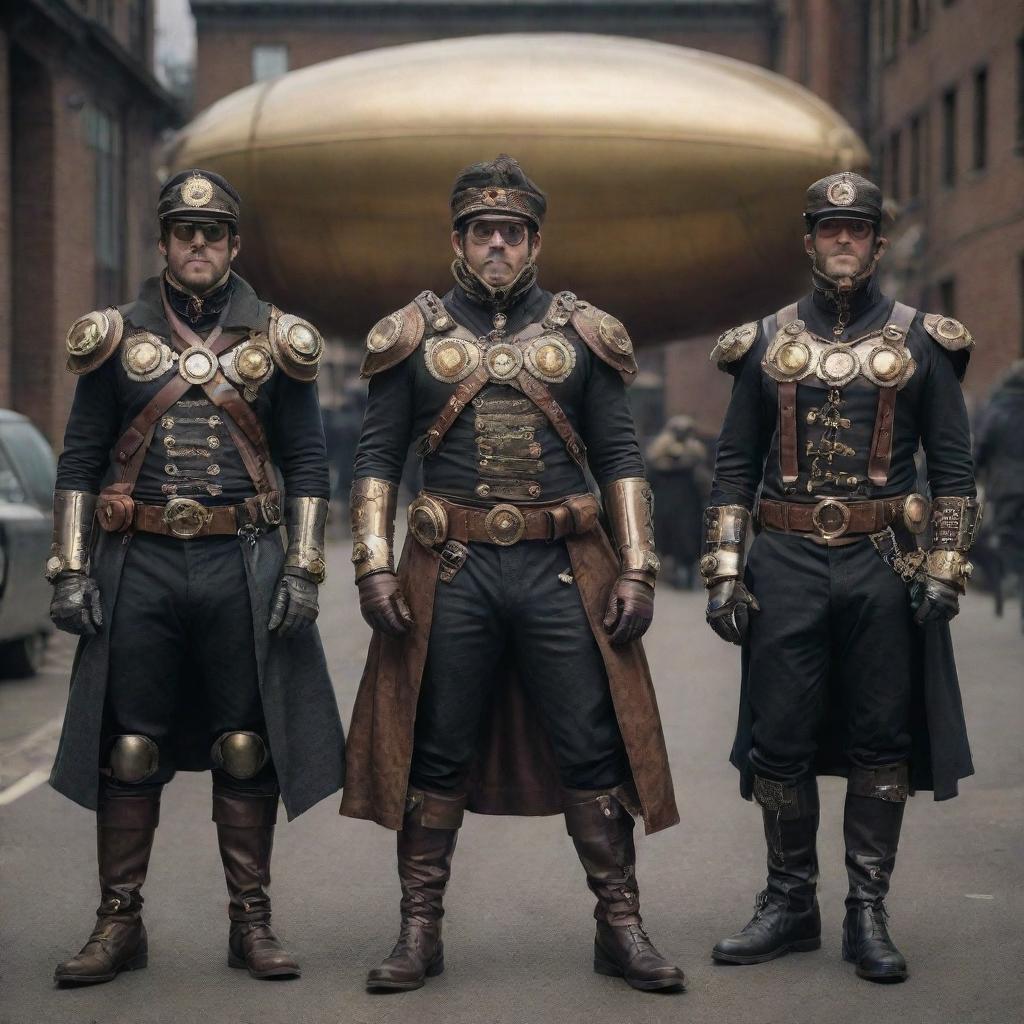 Superheroes dressed in the style of gaspunk, outfitted with inventive gear defined by gasses and airship technology. Their costumes demonstrate the mixture of Victorian attire leveled up with ornate gas-powered gadgets and devices.