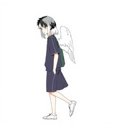 A male high schooler with black hair walking slightly downwards, wearing a casual school uniform