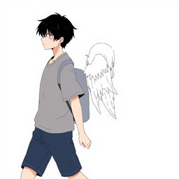 A male high schooler with black hair walking slightly downwards, wearing a casual school uniform