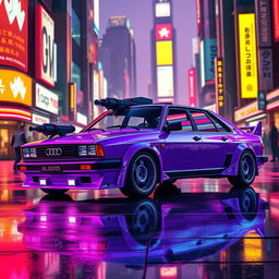 A sleek, neon purple 1982 Audi 100, featuring an aerodynamic design enhanced with lightweight, high-tech alloy armor for a futuristic appearance