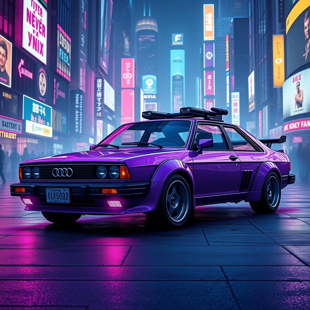 A sleek, neon purple 1982 Audi 100, featuring an aerodynamic design enhanced with lightweight, high-tech alloy armor for a futuristic appearance