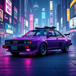 A sleek, neon purple 1982 Audi 100, featuring an aerodynamic design enhanced with lightweight, high-tech alloy armor for a futuristic appearance