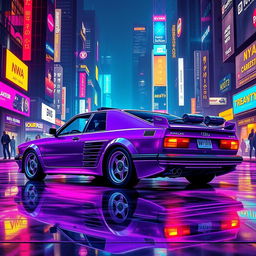 A sleek, neon purple 1982 Audi 100, featuring an aerodynamic design enhanced with lightweight, high-tech alloy armor for a futuristic appearance