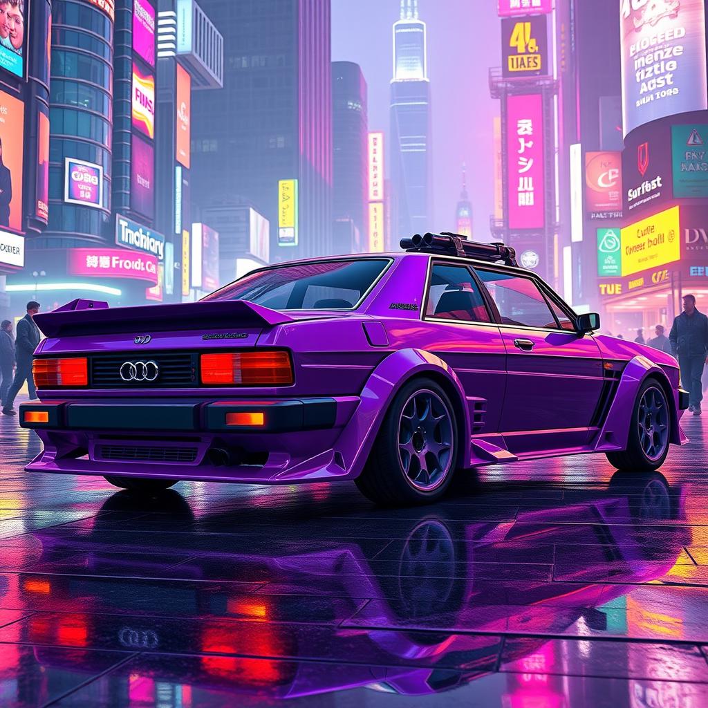 A sleek, neon purple 1982 Audi 100, featuring an aerodynamic design enhanced with lightweight, high-tech alloy armor for a futuristic appearance