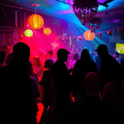 A vibrant party scene featuring a lively atmosphere with people joyfully dancing and socializing under colorful lights and decorations