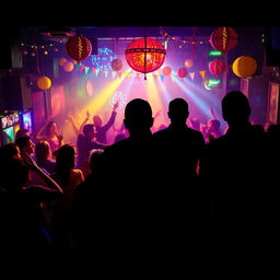 A vibrant party scene featuring a lively atmosphere with people joyfully dancing and socializing under colorful lights and decorations