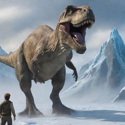 In his frantic flight, the scheming individual suddenly finds himself in the path of an imposing T-Rex. Frozen in terror, he watches as it towers over him menacingly.