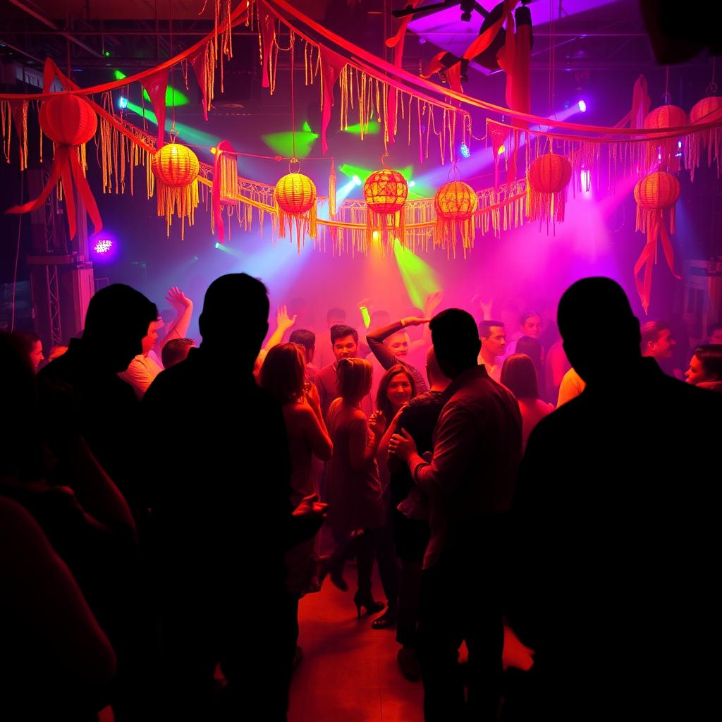 A vibrant party scene featuring a lively atmosphere with people joyfully dancing and socializing under colorful lights and decorations