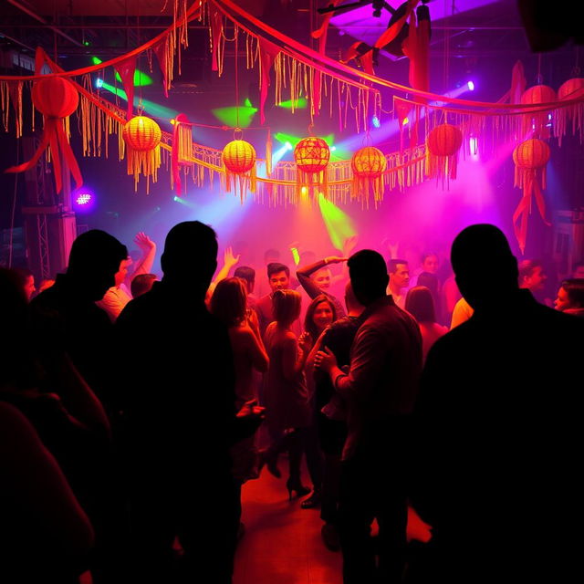 A vibrant party scene featuring a lively atmosphere with people joyfully dancing and socializing under colorful lights and decorations