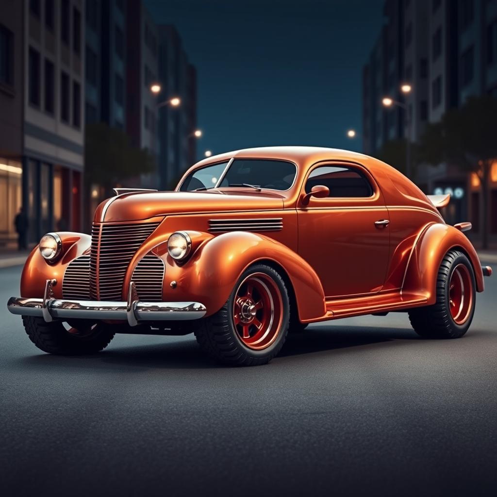 A striking design of a 1939 Chevrolet Coupe, reimagined as an SUV with widebody styling and oversized tires that convey a robust and sporty appearance