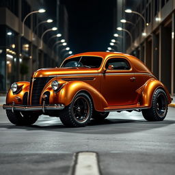 A striking design of a 1939 Chevrolet Coupe, reimagined as an SUV with widebody styling and oversized tires that convey a robust and sporty appearance