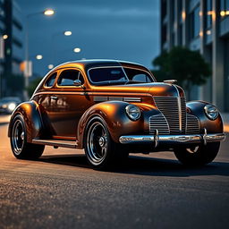 A striking design of a 1939 Chevrolet Coupe, reimagined as an SUV with widebody styling and oversized tires that convey a robust and sporty appearance