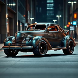 A striking design of a 1939 Chevrolet Coupe, reimagined as an SUV with widebody styling and oversized tires that convey a robust and sporty appearance