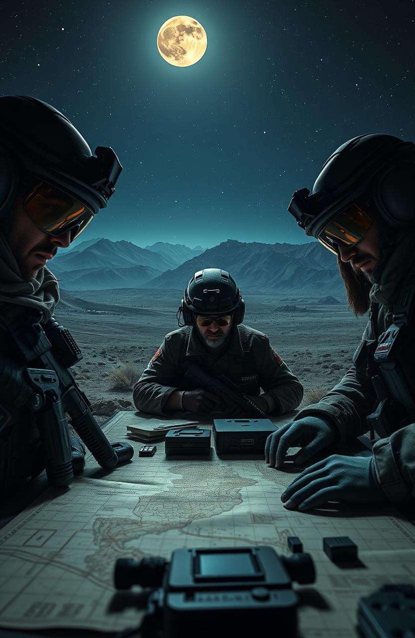 A dramatic and intense scene depicting a hidden mission unfolding in Afghanistan