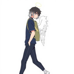 A male high schooler with black hair walking slightly downwards, wearing a casual school uniform