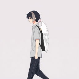 A male high schooler with black hair walking slightly downwards, wearing a casual school uniform