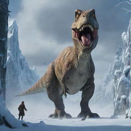 In his frantic flight, the scheming individual suddenly finds himself in the path of an imposing T-Rex. Frozen in terror, he watches as it towers over him menacingly.