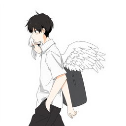 A male high schooler with black hair walking slightly facing down, dressed in a casual school uniform