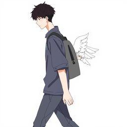 A male high schooler with black hair walking slightly facing down, dressed in a casual school uniform