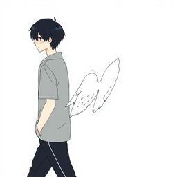 A male high schooler with black hair walking slightly facing down, dressed in a casual school uniform