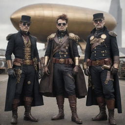 Superheroes dressed in the style of gaspunk, outfitted with inventive gear defined by gasses and airship technology. Their costumes demonstrate the mixture of Victorian attire leveled up with ornate gas-powered gadgets and devices.