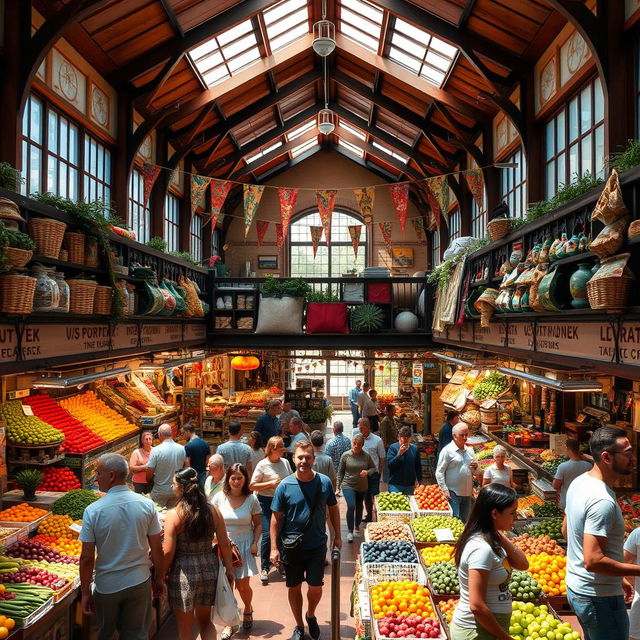 A vibrant and bustling 2-storey public market, filled with colorful displays of fresh fruits, vegetables, and local artisanal products