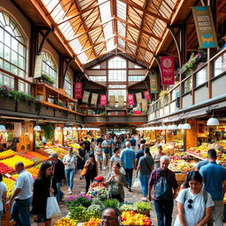 A vibrant and bustling 2-storey public market, filled with colorful displays of fresh fruits, vegetables, and local artisanal products