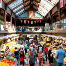 A vibrant and bustling 2-storey public market, filled with colorful displays of fresh fruits, vegetables, and local artisanal products