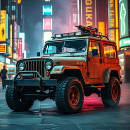 A utilitarian, rusted 1979 Jeep, characterized by its rugged and weathered exterior, reinforced with steel bars and featuring bulletproof windows for maximum protection