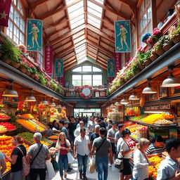 A vibrant and bustling 2-storey public market, filled with colorful displays of fresh fruits, vegetables, and local artisanal products