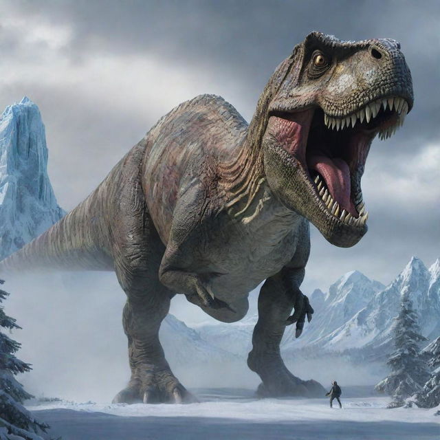 In his frantic flight, the scheming individual suddenly finds himself in the path of an imposing T-Rex. Frozen in terror, he watches as it towers over him menacingly.