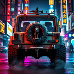 A utilitarian, rusted 1979 Jeep viewed from the rear, highlighting its rugged and weathered exterior complemented by reinforced steel bars and bulletproof windows