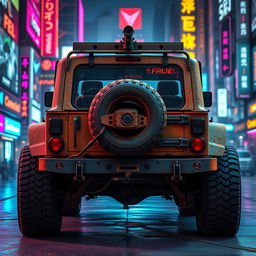 A utilitarian, rusted 1979 Jeep viewed from the rear, highlighting its rugged and weathered exterior complemented by reinforced steel bars and bulletproof windows