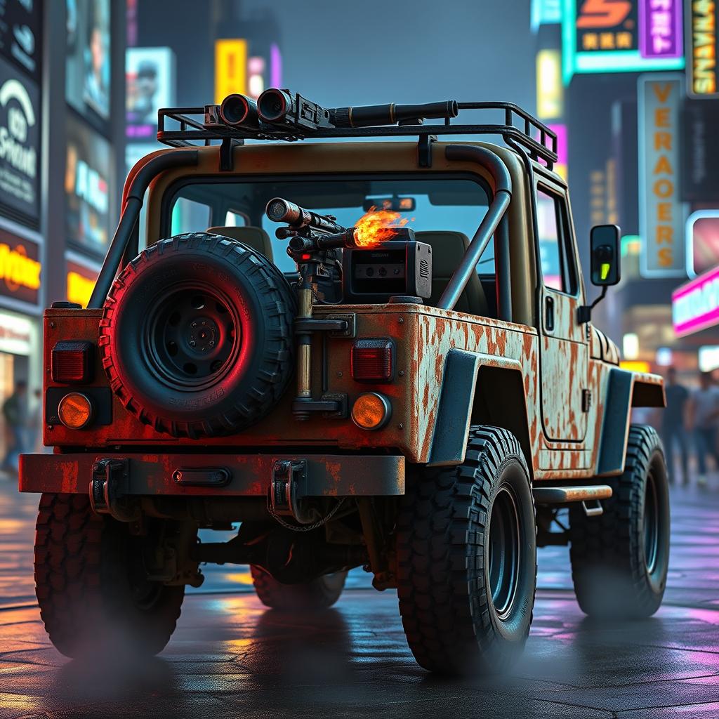 A utilitarian, rusted 1979 Jeep viewed from the rear, highlighting its rugged and weathered exterior complemented by reinforced steel bars and bulletproof windows