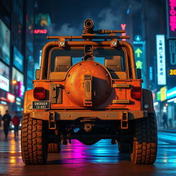 A utilitarian, rusted 1979 Jeep viewed from the rear, highlighting its rugged and weathered exterior complemented by reinforced steel bars and bulletproof windows