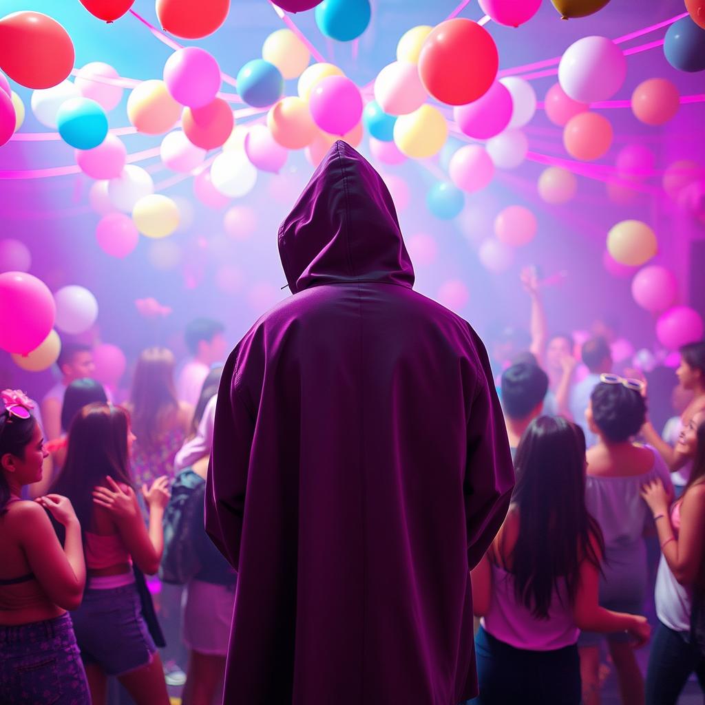 A vibrant party scene filled with pink and purple lights, creating a lively atmosphere