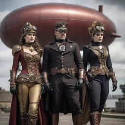 Superheroes dressed in the style of gaspunk, outfitted with inventive gear defined by gasses and airship technology. Their costumes demonstrate the mixture of Victorian attire leveled up with ornate gas-powered gadgets and devices.