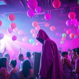 A vibrant party scene filled with pink and purple lights, creating a lively atmosphere