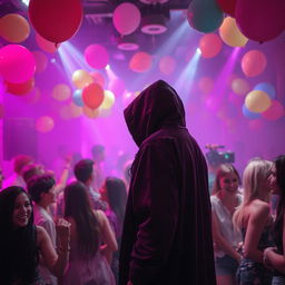 A vibrant party scene filled with pink and purple lights, creating a lively atmosphere