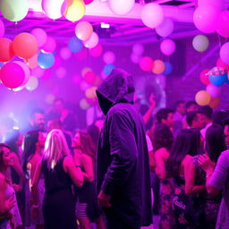 A vibrant party scene filled with pink and purple lights, creating a lively atmosphere