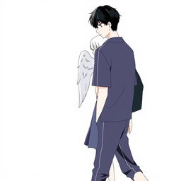 A male high schooler with black hair, slightly bowed as he walks in a casual school uniform