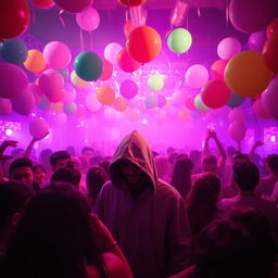 A vibrant party scene filled with pink and purple lights, creating a lively atmosphere