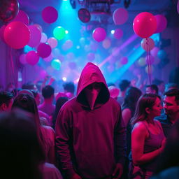 A vibrant party scene filled with pink and purple lights, creating a lively atmosphere