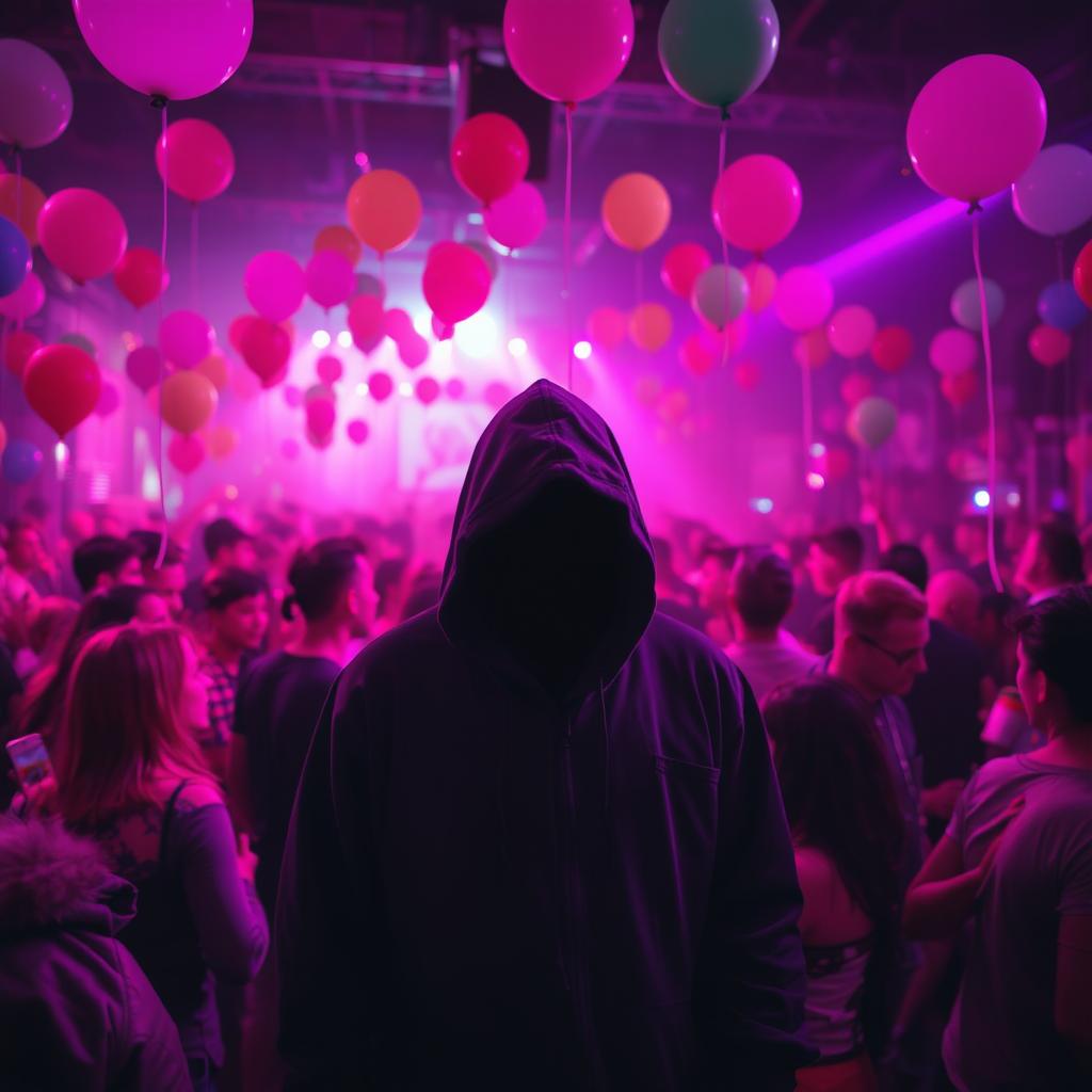 A vibrant party scene filled with pink and purple lights, creating a lively atmosphere