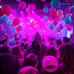 A vibrant party scene filled with pink and purple lights, creating a lively atmosphere